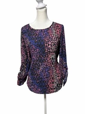 NWT Philosophy Republic Clothing Geometric Print Blouse Ruched Sleeve Size L